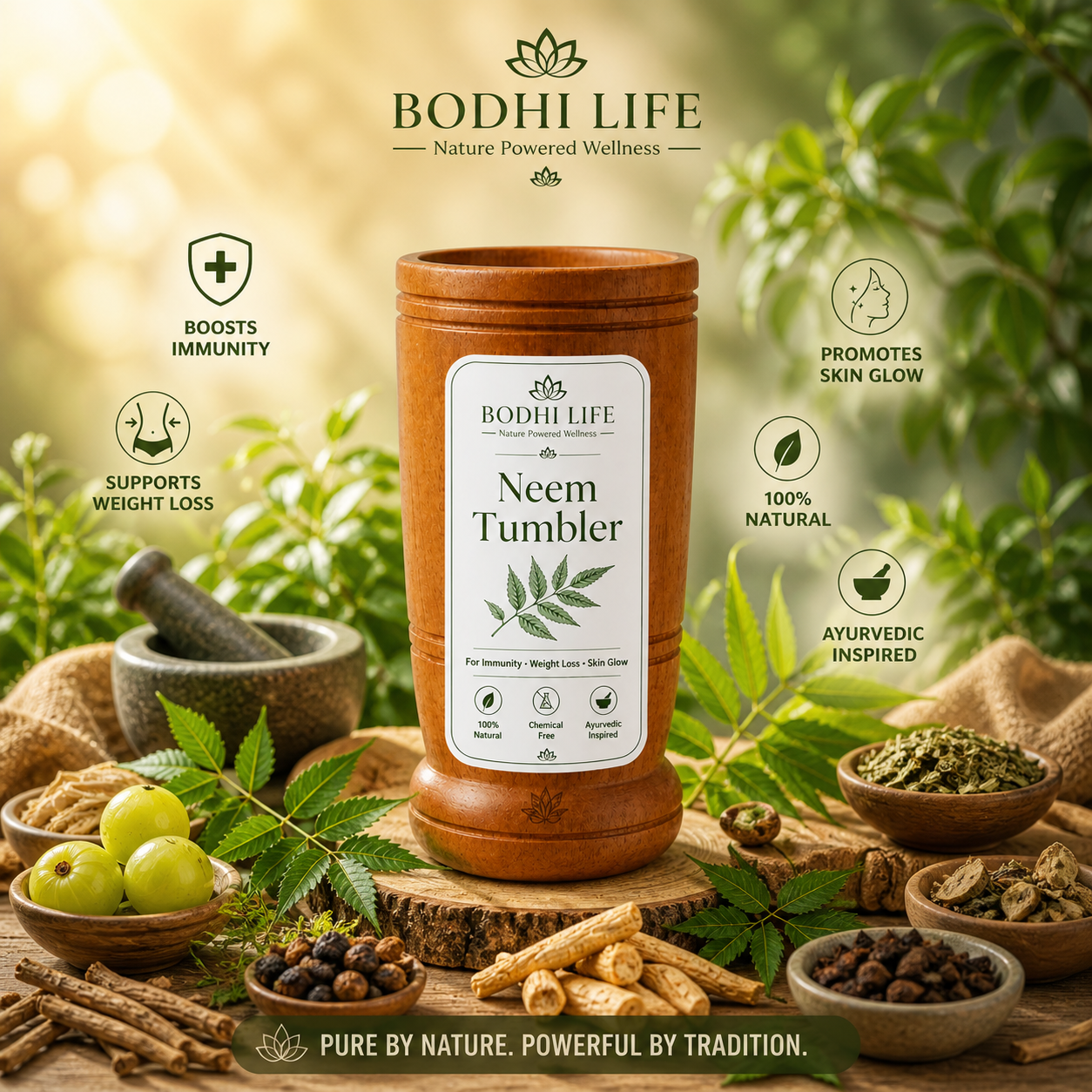 Bodhilife Neem Wooden Tumbler For Weight Management